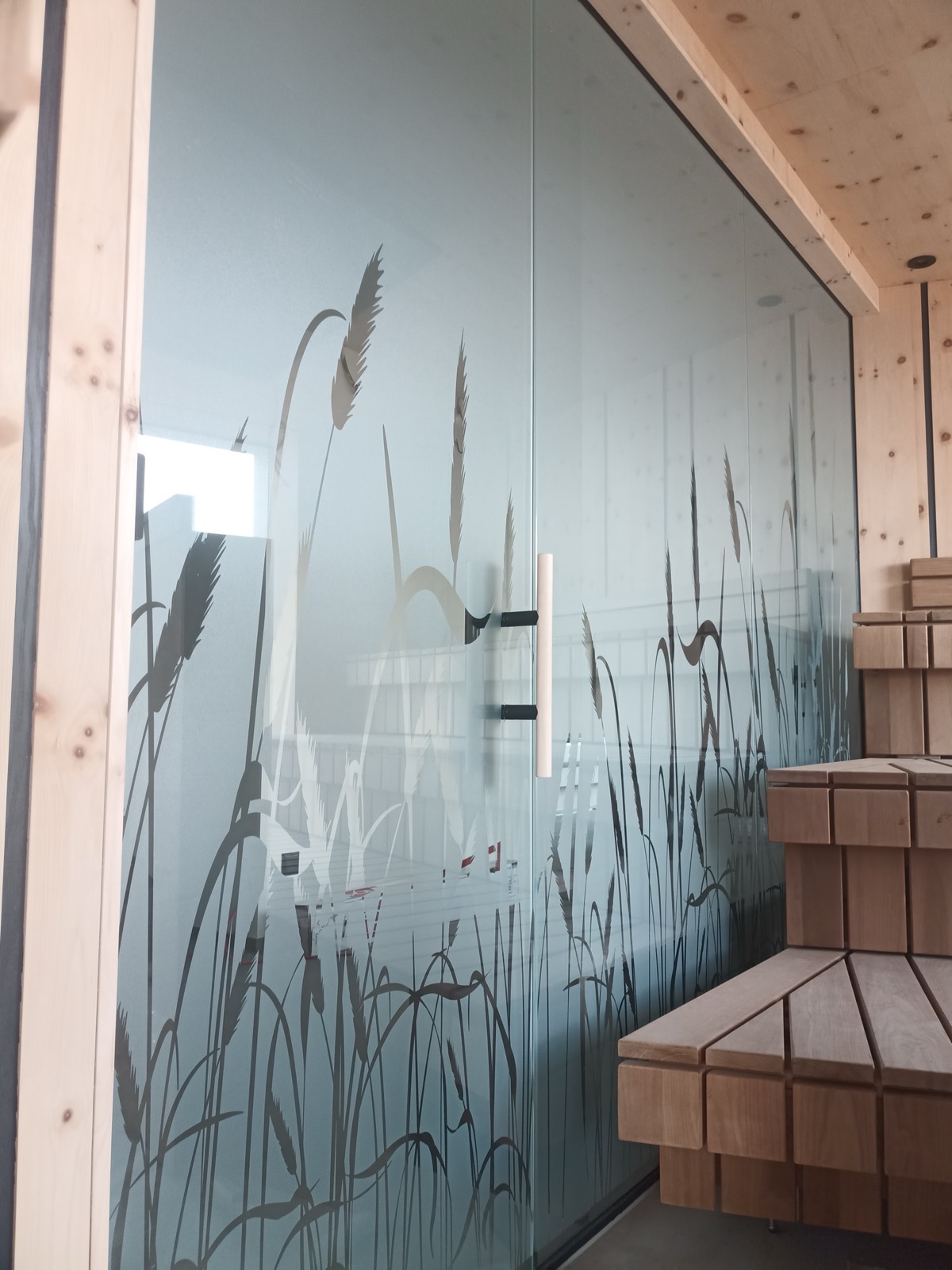 Parete in vetro con motivo di erbe accanto alla scala della sauna