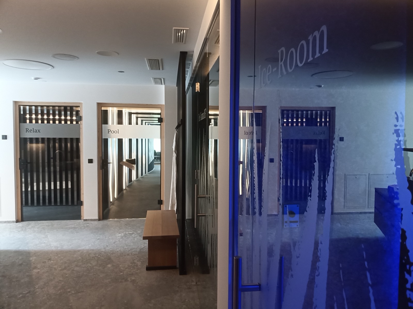 Parete in vetro con motivo di erbe e scritta Ice Room